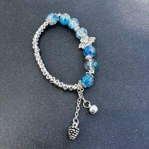 Blue Beaded Bracelet w Lotus Charm